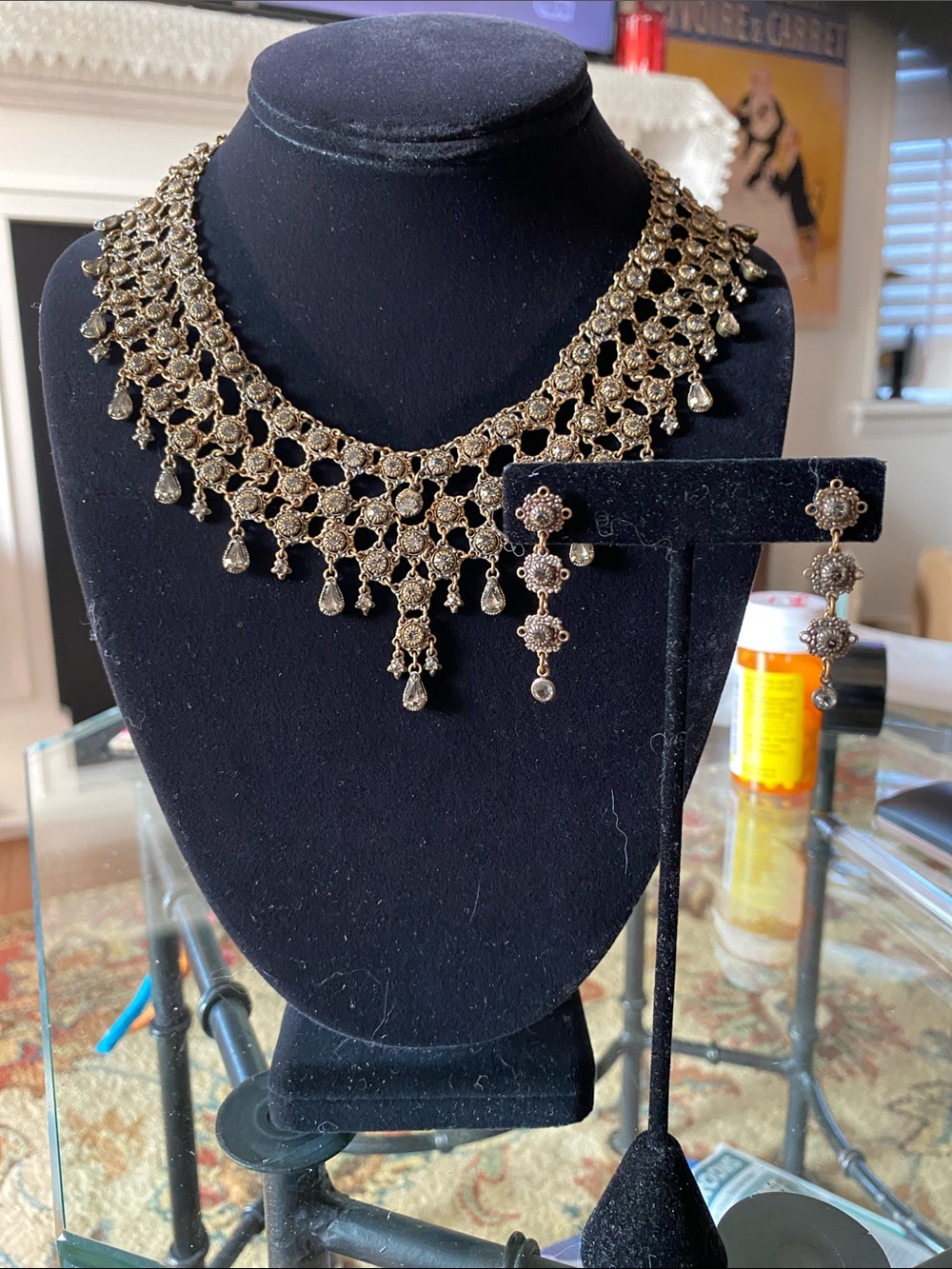 Gold Filigree Statement Necklace and Drop Earrings Set